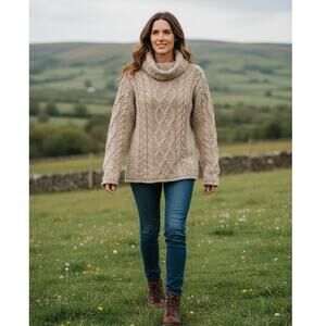 Vintage Wool Aran Crafts Ireland Cream Fisherman Turtleneck Cable Knit Sweater